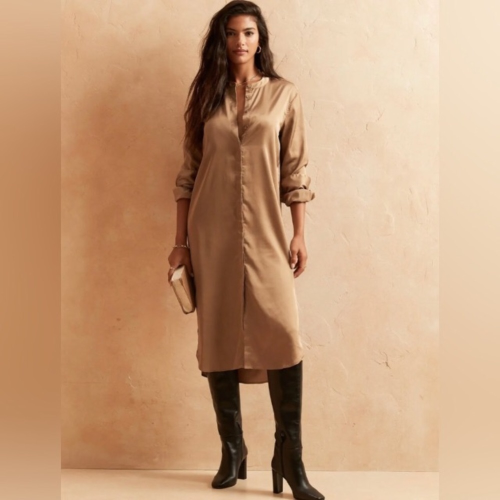 NWT! Black Satin Button-Down Shirtdress - Size Medium Tall - Picture 4 of 5